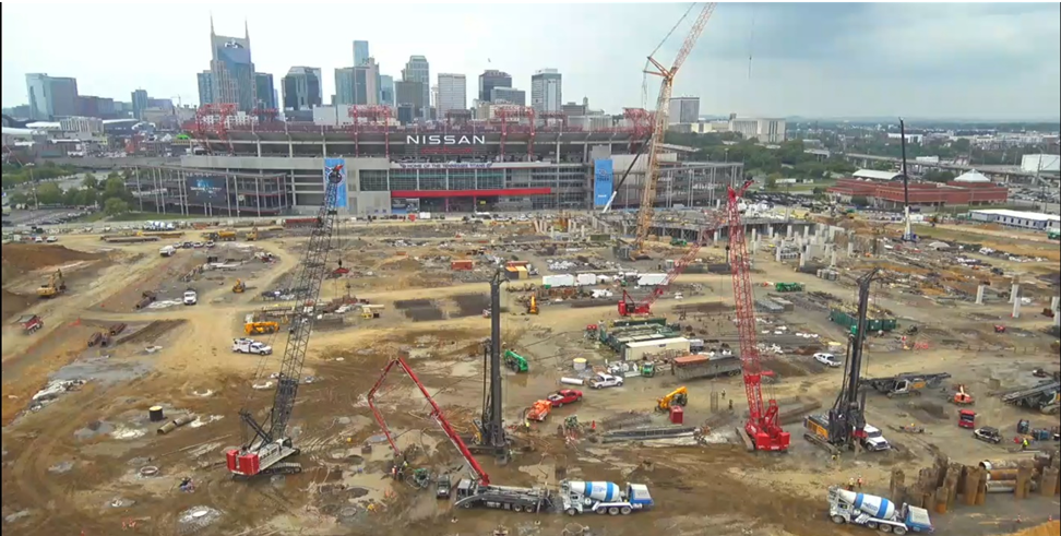 Skycam screenshot of Nissan Titans Stadium under construction